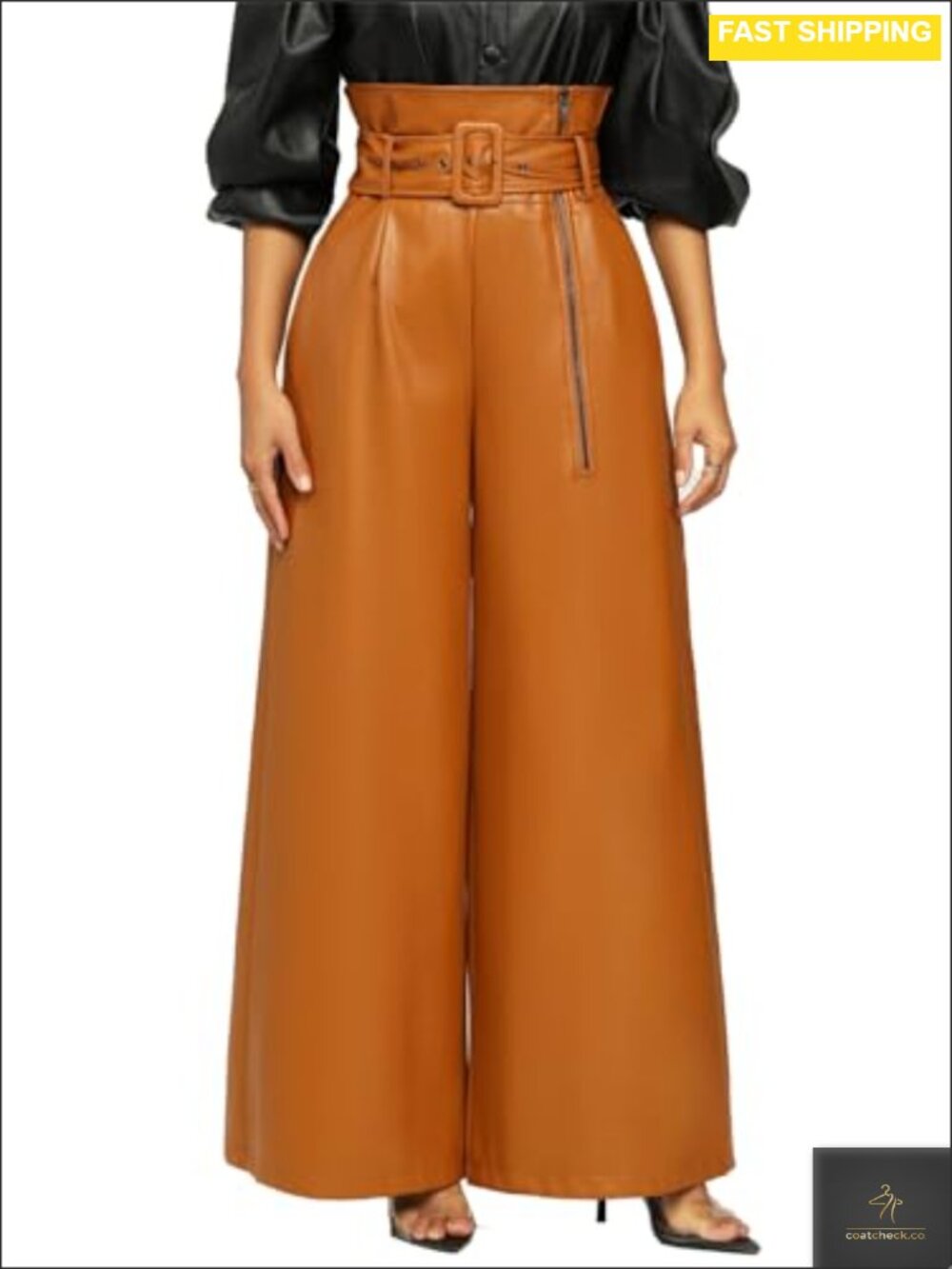 Faux Leather Pants High Waisted Wide Leg Belted Women's